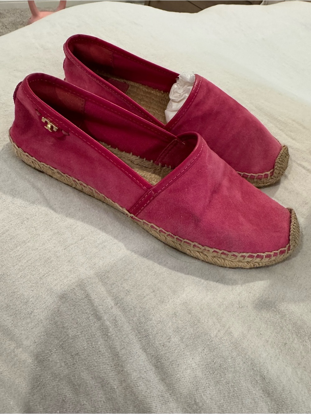 Tory Burch Pink Suede Espadrilles with Gold TB Accent